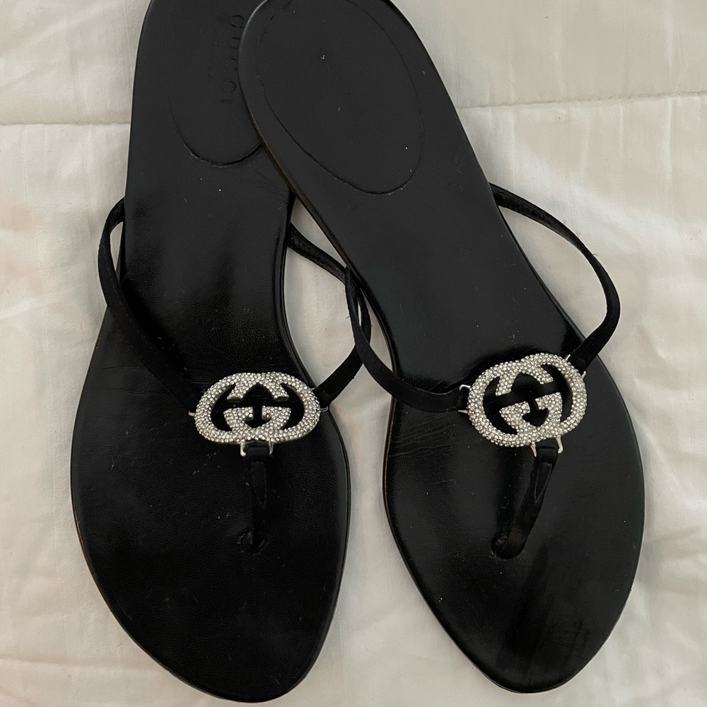 Gucci Black Satin/Leather Interlocking GG Crystal Thong Sandals Size 7
